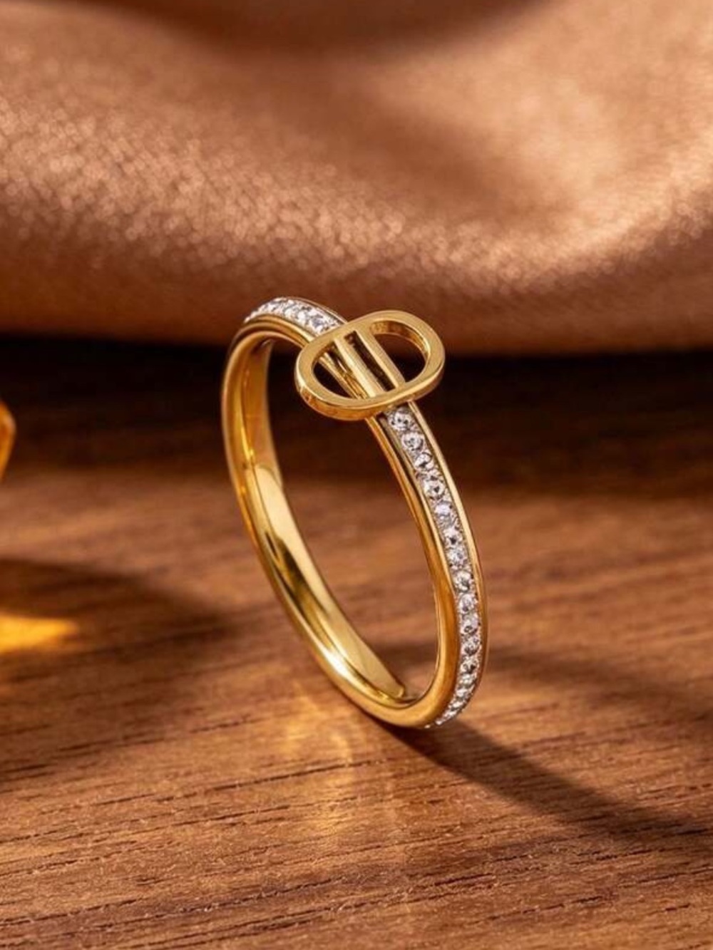 Gold Tone Pavé Signature Ring with Clear Stones